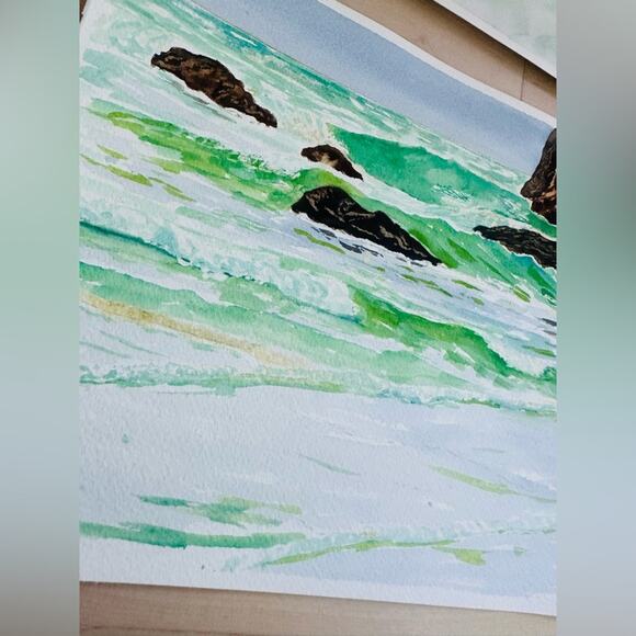 Artist Rending Watercolor Beach Scene Coastal Signed Art Set of 2 Wall Art Beach - Picture 4 of 6